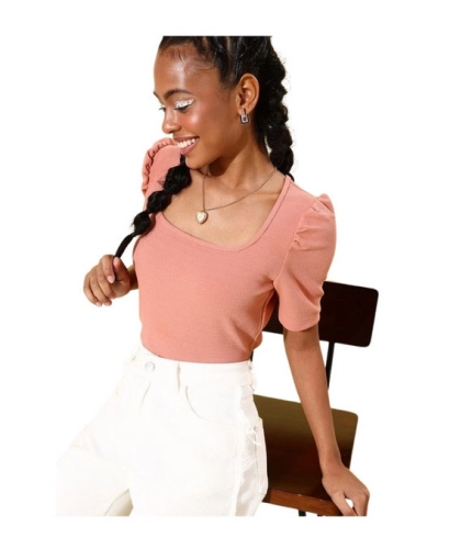 Women's Polyester Lycra Solid Short Sleeve Top (Pink)