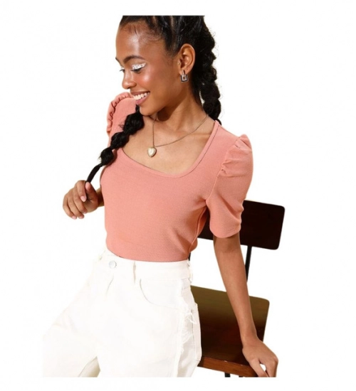 Women's Polyester Lycra Solid Short Sleeve Top (Pink)