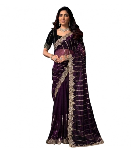 Women's Net Sequence Saree With Unstitched Blouse 5.5Mtr (Wine)