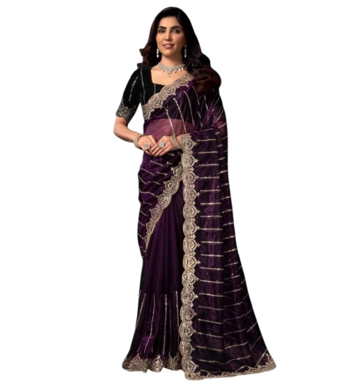 Women's Net Sequence Saree With Unstitched Blouse 5.5Mtr (Wine) Women's Net Sequence Saree With Unstitched Blouse 5.5Mtr (Wine)