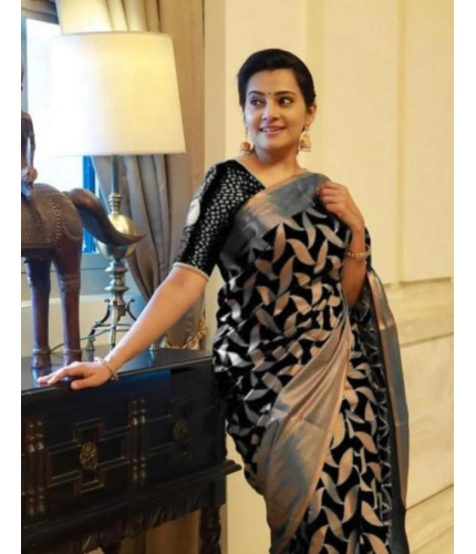 Women's Litchi silk Printed Saree With Unstitched Blouse (Black)