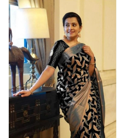 Women's Litchi silk Printed Saree With Unstitched Blouse (Black)