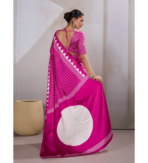 Women's Satin Crepe Printed Saree With Unstitched Blouse 5.5Mtr (Pink)