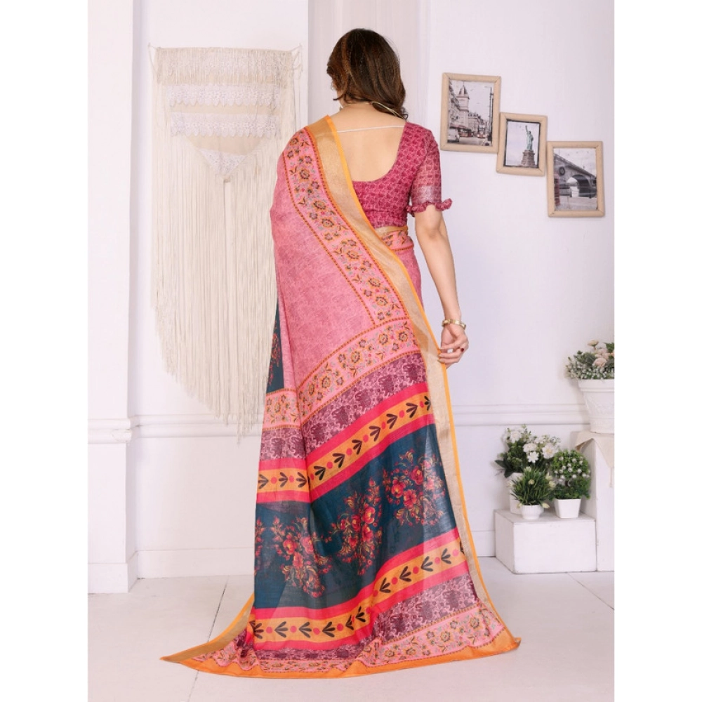 Women's Linen Cotton Printed Saree With Unstitched Blouse 5.5Mtr (Pink) Women's Linen Cotton Printed Saree With Unstitched Blouse 5.5Mtr (Pink)
