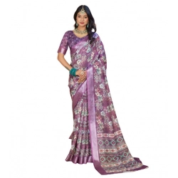 Women's Printed Cotton Linen Saree withPrinted  Saree With Unstitched Blouse (Purple, 5-6Mtrs)