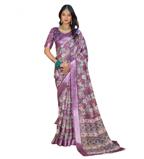 Women's Printed Cotton Linen Saree withPrinted  Saree With Unstitched Blouse (Purple, 5-6Mtrs)