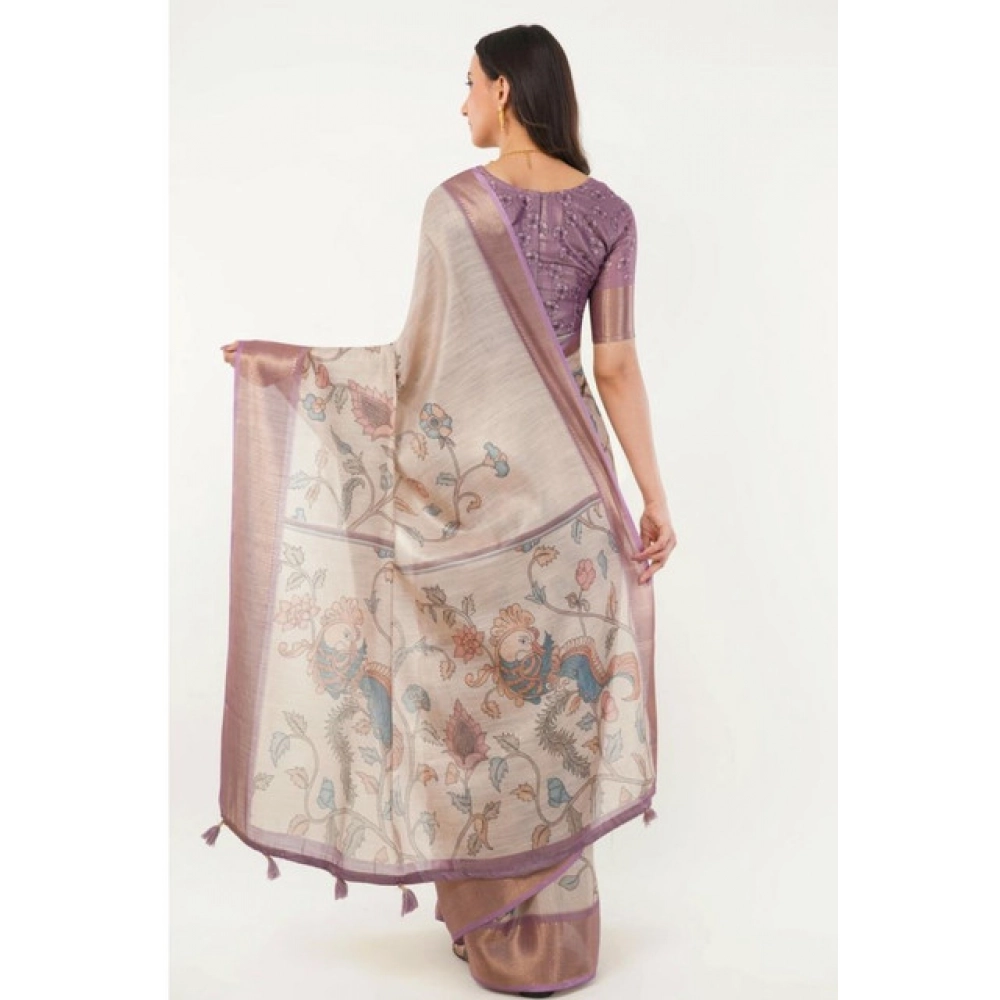 Women's Polyester Printed Saree With Unstitched Blouse 5.5 Mtr (Cream)