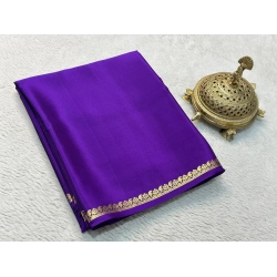 Women's Crepe Chit Pallu Solid Saree With Unstitched Blouse 5.5Mtr (Purple)