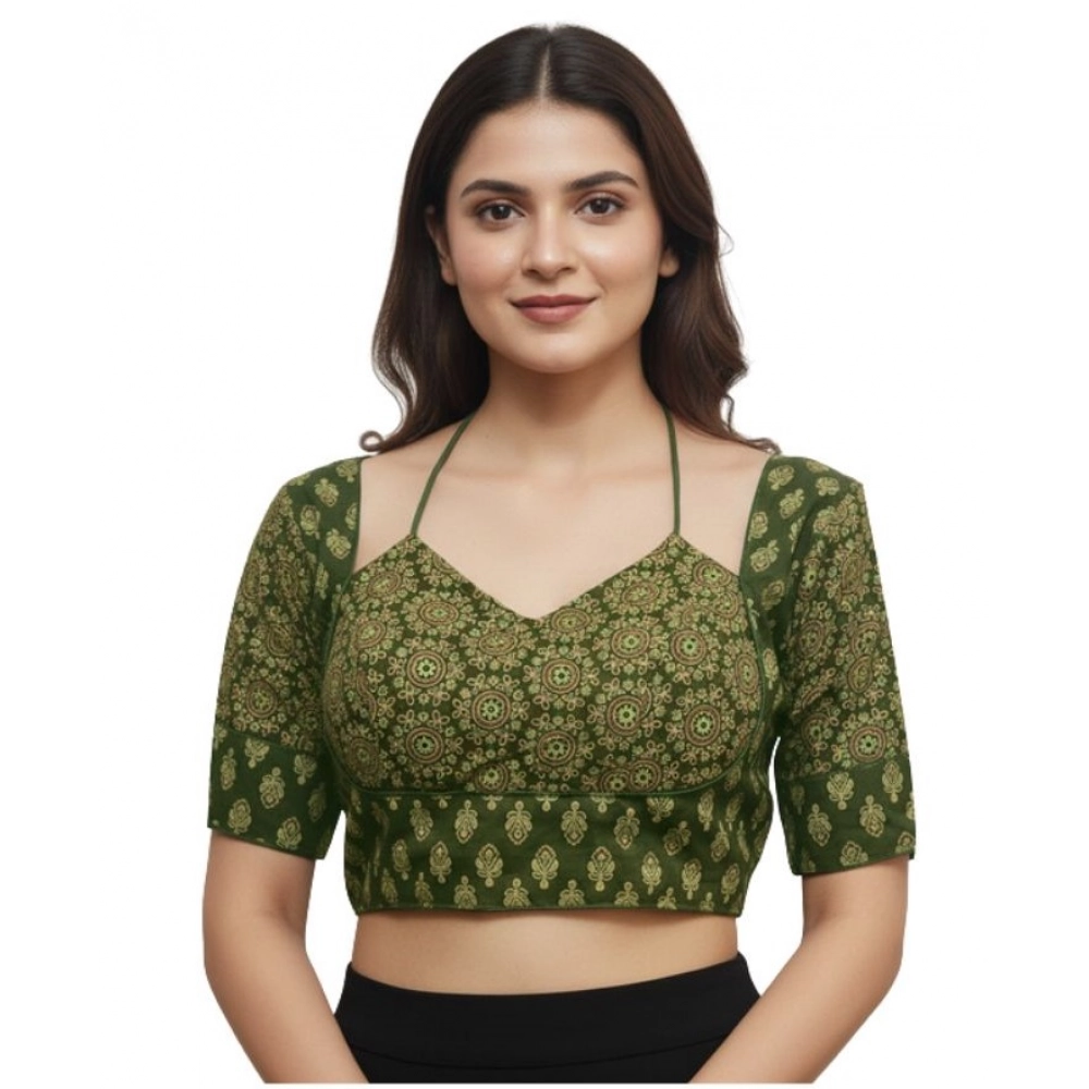 Women's Ajrakh Cotton Printed Sweetheart Padded Blouse (Olive 38 Ready (Self Alterable 36–40) Women's Ajrakh Cotton Printed Sweetheart Padded Blouse (Olive 38 Ready (Self Alterable 36–40)