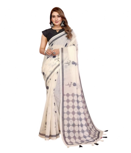 Women's Linen Cotton Printed Saree With Unstitched Blouse 5.5Mtr (Off White)