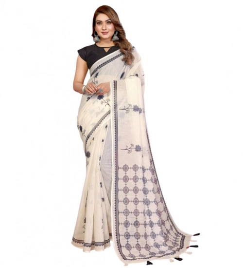 Women's Linen Cotton Printed Saree With Unstitched Blouse 5.5Mtr (Off White)