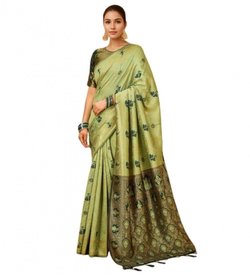 Women's Silk Blend Woven Paithani Saree With Unstitched Blouse 5.5Mtr (Olive)