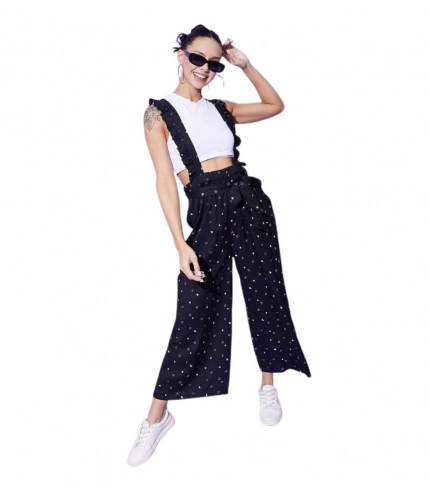 Women's Rayon Pinafore Shoulder Straps Jumpsuit (Black)