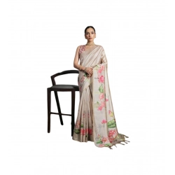Women's Cotton Printed Saree With Unstitched Blouse 5.5 Mtr (Cream)