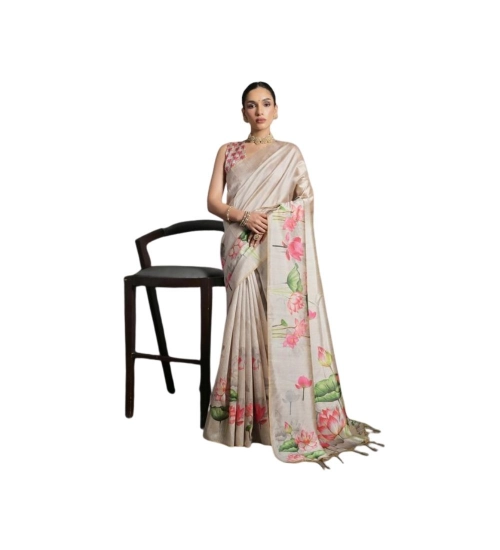 Women's Cotton Printed Saree With Unstitched Blouse 5.5 Mtr (Cream)