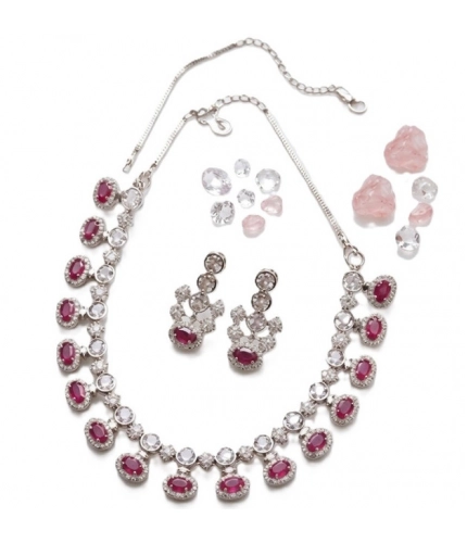 Women's Brass Silver Plated Necklace set (Pink)