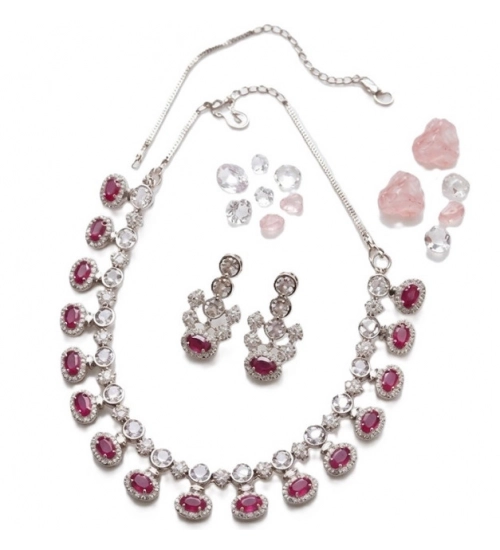 Women's Brass Silver Plated Necklace set (Pink) Women's Brass Silver Plated Necklace set (Pink)