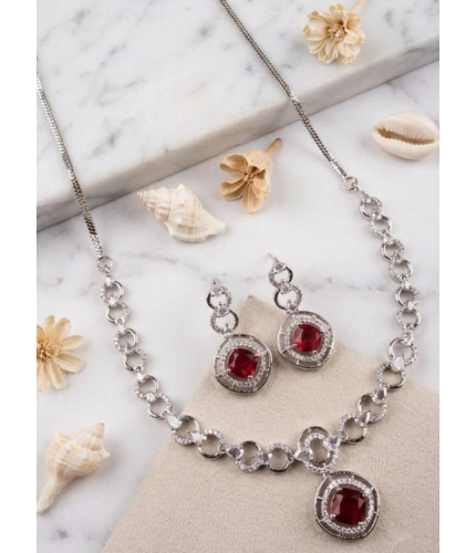 Women's Brass Silver Plated Necklace set (Red)