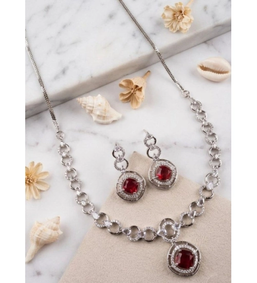Women's Brass Silver Plated Necklace set (Red)