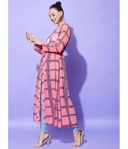 Women's Polyester Check Long Sleeves Shrug (Pink)