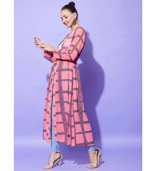 Women's Polyester Check Long Sleeves Shrug (Pink) Women's Polyester Check Long Sleeves Shrug (Pink)