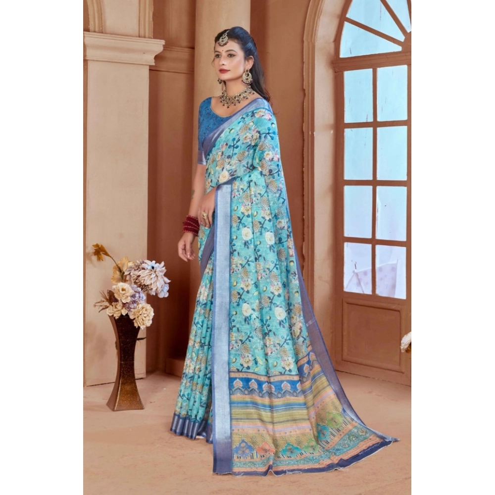 Women's Printed Cotton Linen Saree withPrinted  Saree With Unstitched Blouse (Light Blue, 5-6Mtrs)