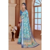Dropship Women's Printed Cotton Linen Saree withPrinted  Saree With Unstitched Blouse (Light Blue, 5-6Mtrs)