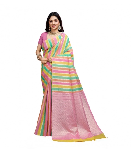 Women's Cotton Blended Printed Saree With Unstitched Blouse 5.5Mtr (Pink)