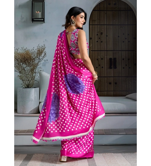 Women's Satin Crepe Printed Saree With Unstitched Blouse 5.5Mtr (Pink)