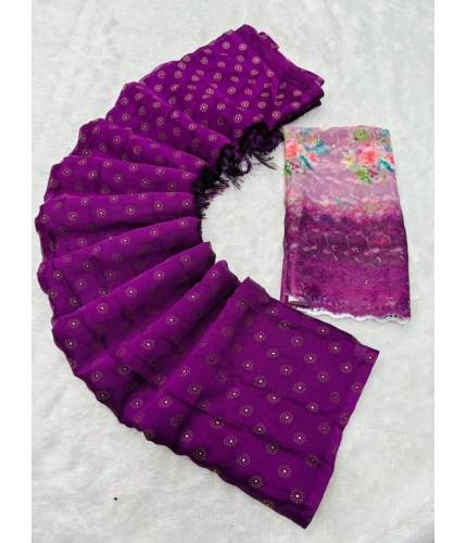 Women's Printed Brasso Saree With Unstitched Blouse (Magenta, 5-6 Mtrs)