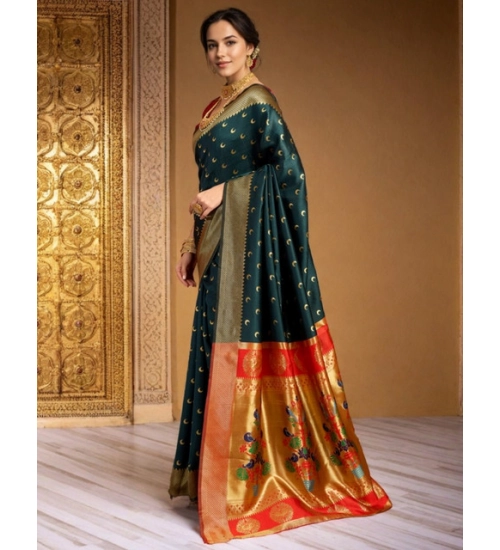 Women's Silk Blend Zari Woven Saree With Unstitched Blouse 5.5Mtr (Dark-Green)