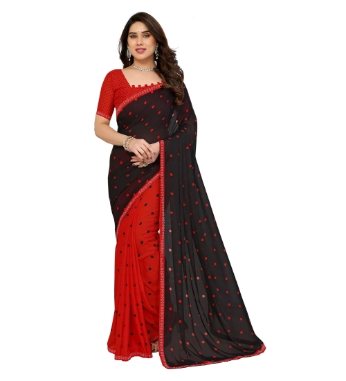 Women's Georgette Printed Saree With Unstitched Blouse 5.5Mtr (Black-Red)