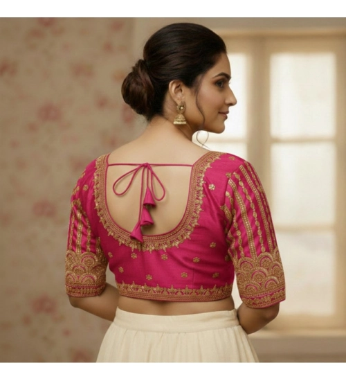 Women's Phantom Silk Embroidered Designer Neck Padded Blouse (Pink 38 Ready (Alterable up to 42)