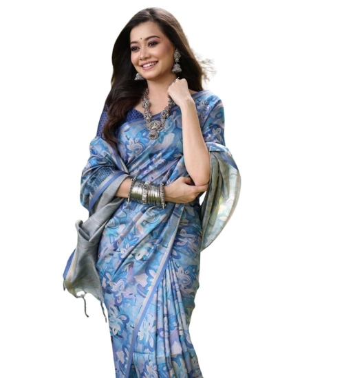 Women's Faux_Tussar_Silk Abstract_Print Saree With Unstitched Blouse 5.5Mtr (Blue) Women's Faux_Tussar_Silk Abstract_Print Saree With Unstitched Blouse 5.5Mtr (Blue)