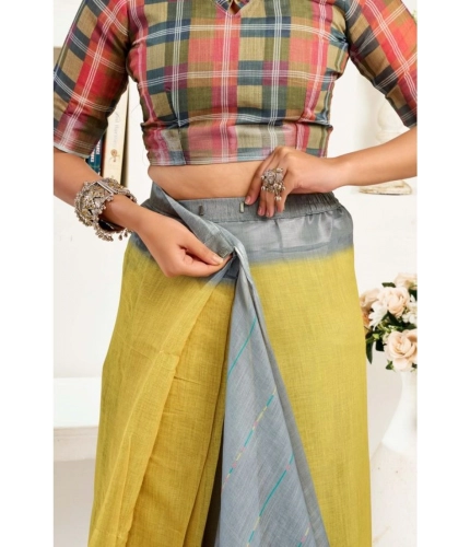 Women's Faux Linen Geometric Ready to wear Saree With Unstitched Blouse 5.5Mtr (Grey)