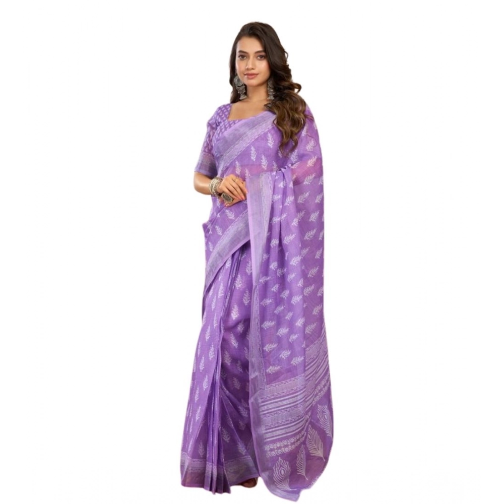 Women's Faux Linen Floral Ready to wear Saree With Unstitched Blouse 5.5Mtr (Lavender) Women's Faux Linen Floral Ready to wear Saree With Unstitched Blouse 5.5Mtr (Lavender)