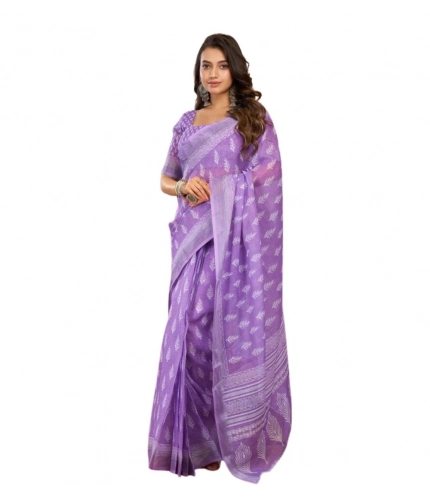 Women's Faux Linen Floral Ready to wear Saree With Unstitched Blouse 5.5Mtr (Lavender) Women's Faux Linen Floral Ready to wear Saree With Unstitched Blouse 5.5Mtr (Lavender)