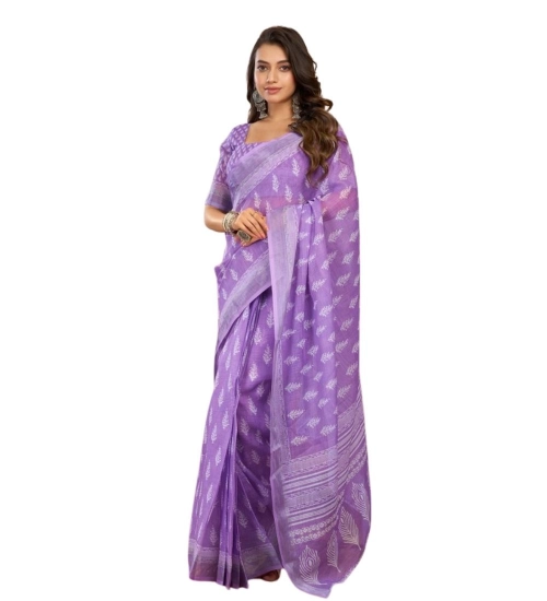 Women's Faux Linen Floral Ready to wear Saree With Unstitched Blouse 5.5Mtr (Lavender)