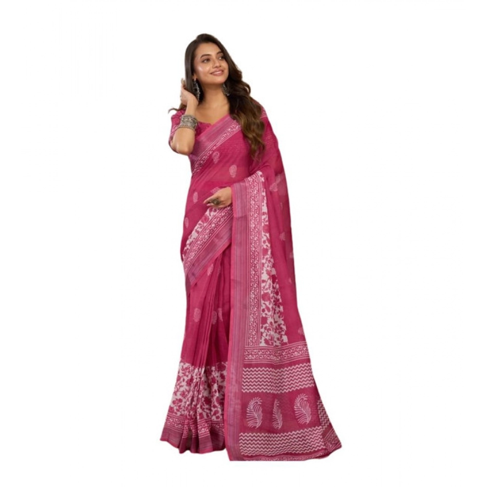 Women's Linen Cotton Printed Ready To Wear Saree With Unstitched Blouse 5.5 Mtr (Pink)