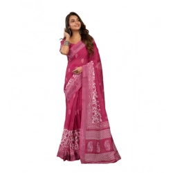 Women's Linen Cotton Printed Ready To Wear Saree With Unstitched Blouse 5.5 Mtr (Pink)