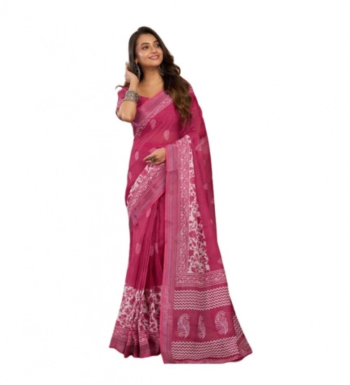 Women's Linen Cotton Printed Ready To Wear Saree With Unstitched Blouse 5.5 Mtr (Pink)