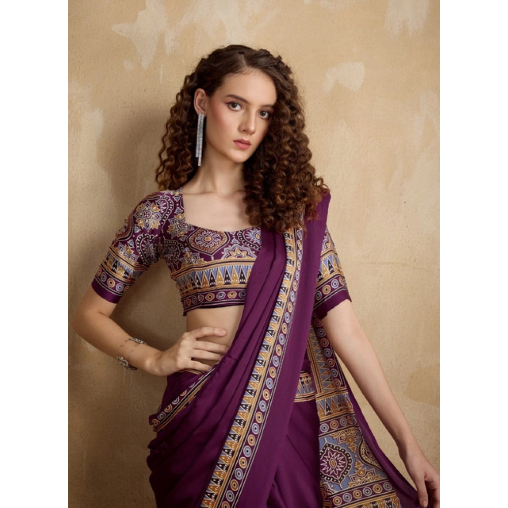 Women's Satin Crepe Printed Saree With Unstitched Blouse 5.5Mtr (Purple)