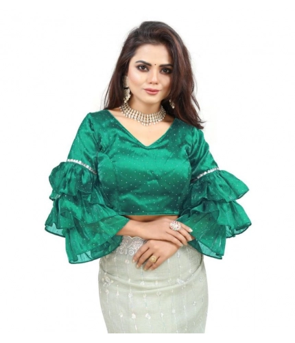 Women's Organza Solid V Neck Layered Ruffle Sleeve Readymade Blouse (Rama Free Size , up to 38–40 Bust)-PID65857
