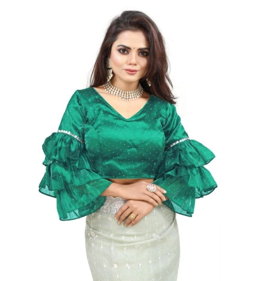 Women's Organza Solid V Neck Layered Ruffle Sleeve Readymade Blouse (Rama Free Size , up to 38–40 Bust)-PID65857 Women's Organza Solid V Neck Layered Ruffle Sleeve Readymade Blouse (Rama Free Size , up to 38–40 Bust)-PID65857