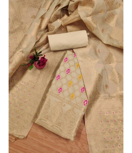Women's Banarasi Silk Printed Unstitched Salwar Suit Material With Dupatta (Cream, 3Mtrs)