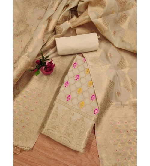 Women's Banarasi Silk Printed Unstitched Salwar Suit Material With Dupatta (Cream, 3Mtrs)