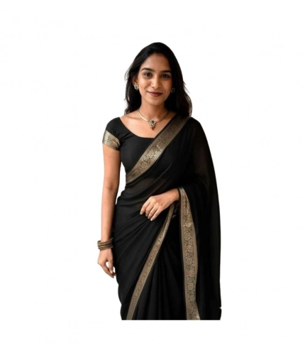 Women's Vichitra Silk Printed Saree With Unstitched Blouse 5.5Mtr (Black)