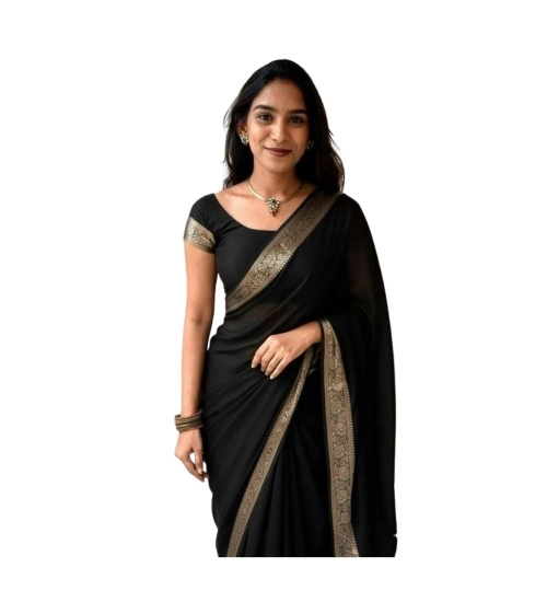 Women's Vichitra Silk Printed Saree With Unstitched Blouse 5.5Mtr (Black)