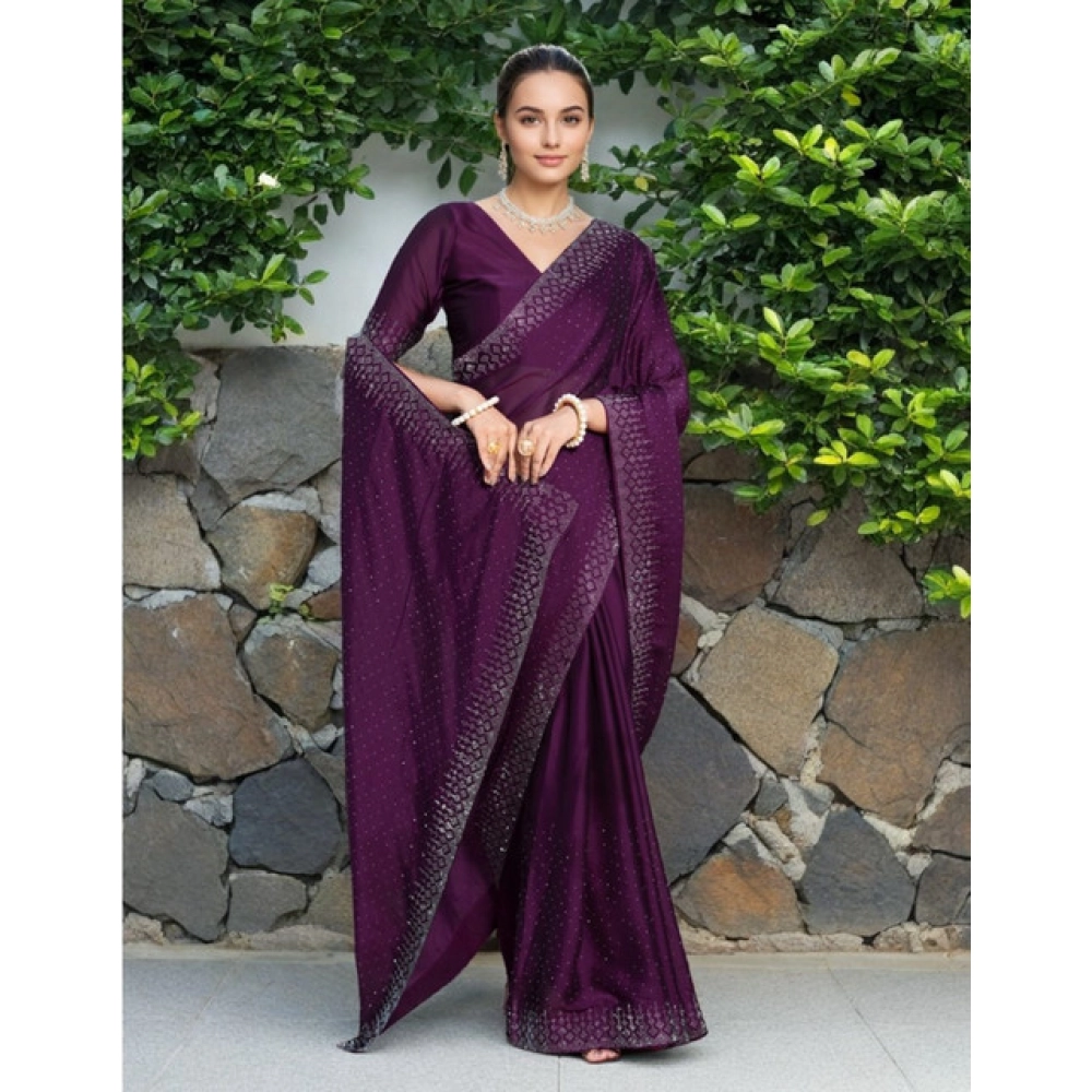 Women's Rangoli Diamond Weaving - Stone Work Saree With Unstitched Blouse 5.5Mtr (Purple) Women's Rangoli Diamond Weaving - Stone Work Saree With Unstitched Blouse 5.5Mtr (Purple)