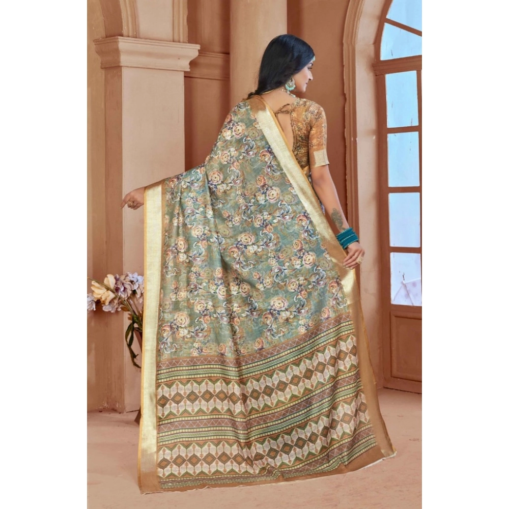 Women's Printed Cotton Linen Saree withPrinted Saree With Unstitched Blouse (Green, 5-6Mtrs) Women's Printed Cotton Linen Saree withPrinted Saree With Unstitched Blouse (Green, 5-6Mtrs)